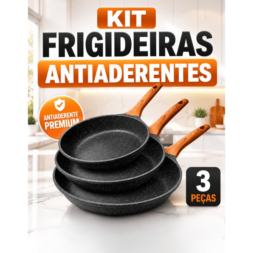 Kit Jogo de Frigideira Antiaderente Mármore 3 Peças Cozinha Moderna Fogão Indução Cerâmica Alumínio