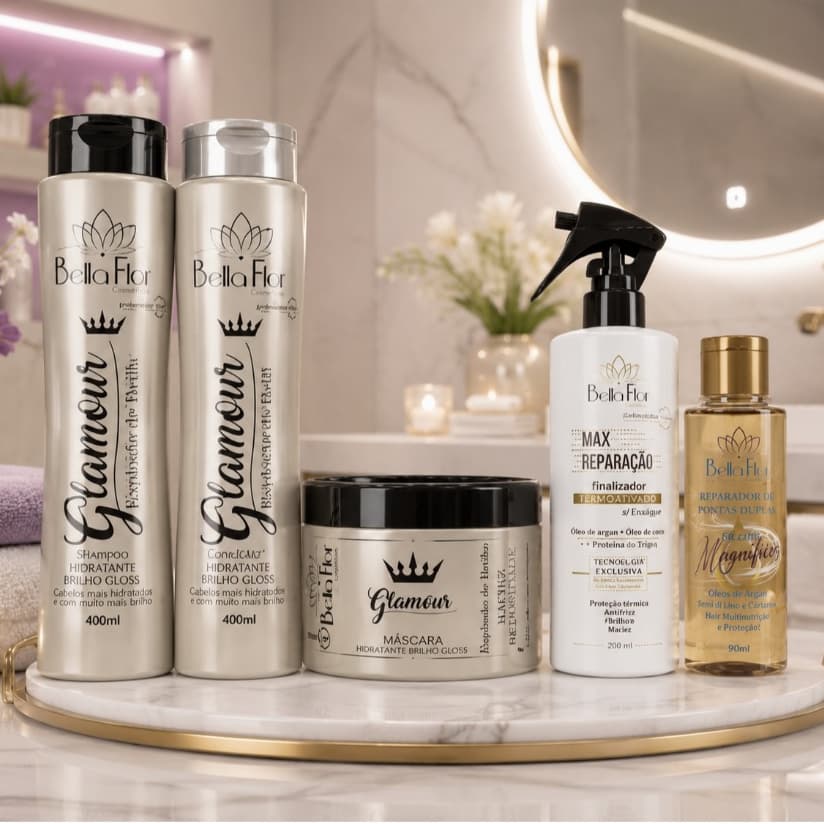Kit Glamour + Max Reparação + Reparador de Pontas Duplas Bella Flor Hidratação Reparação Profissional