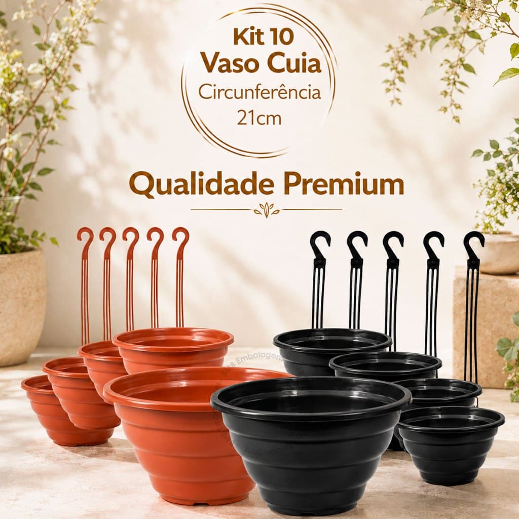Kit Vaso Cuia 21cm 5 Marrom + 5 Preto Premium Haste Alça Alta Qualidade Resistente Samambaia Flores
