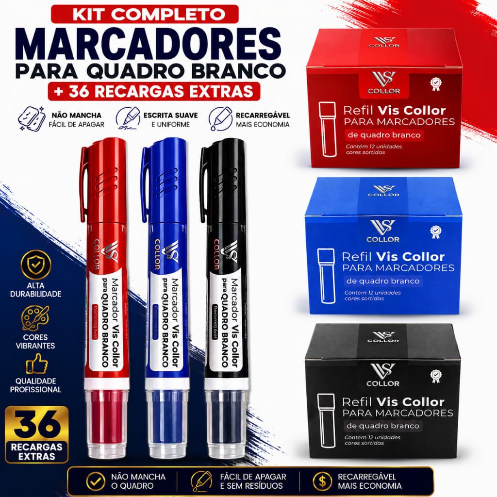Kit 3 Marcador Pincel Canetão Para Quadro Branco + 36 Recarga Extras - Não Mancha Quadro