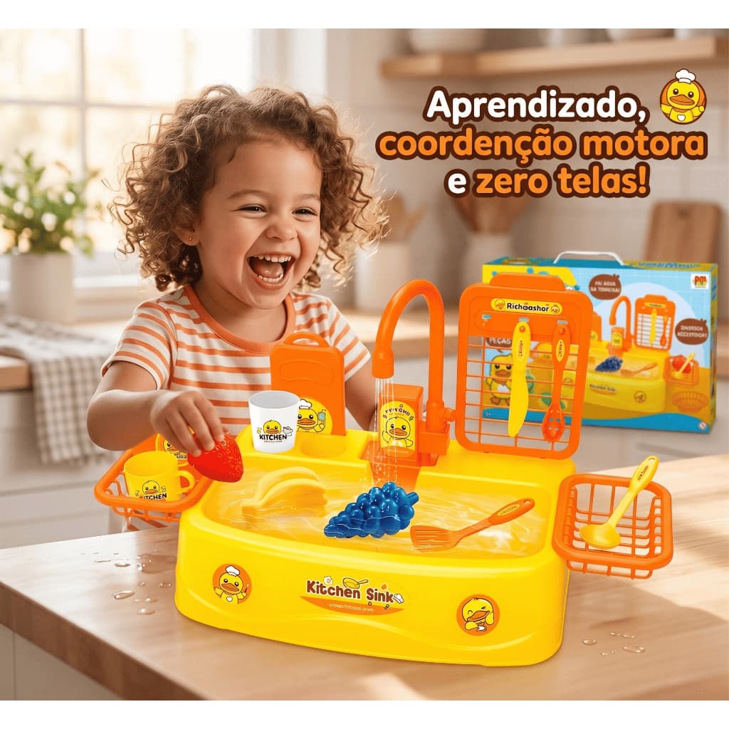 Pia Infantil Brinquedo Patinho Sai Água De Verdade + 17 Peças Frutas Louça Divertida Menina Menino