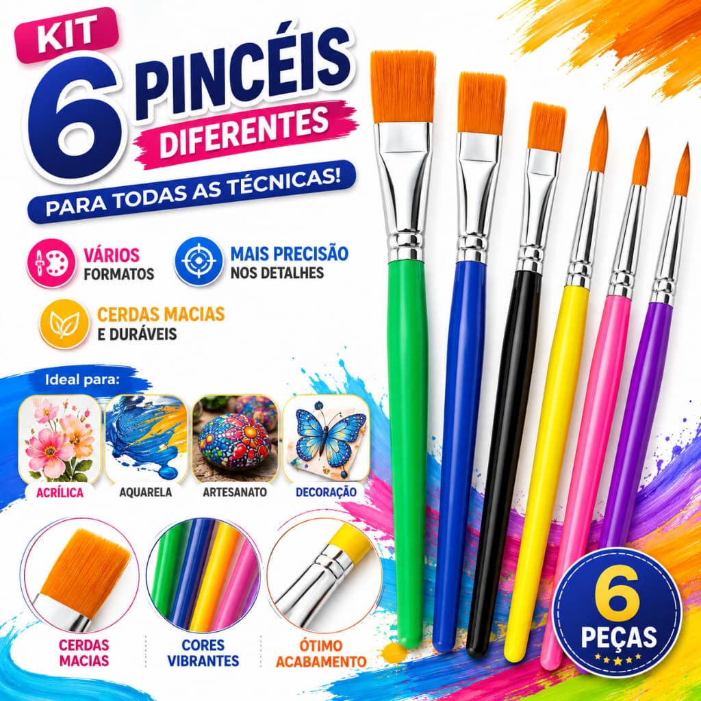 Kit 6 Pincéis Para Pintura Tinta Óleo Acrílica Aquarelas