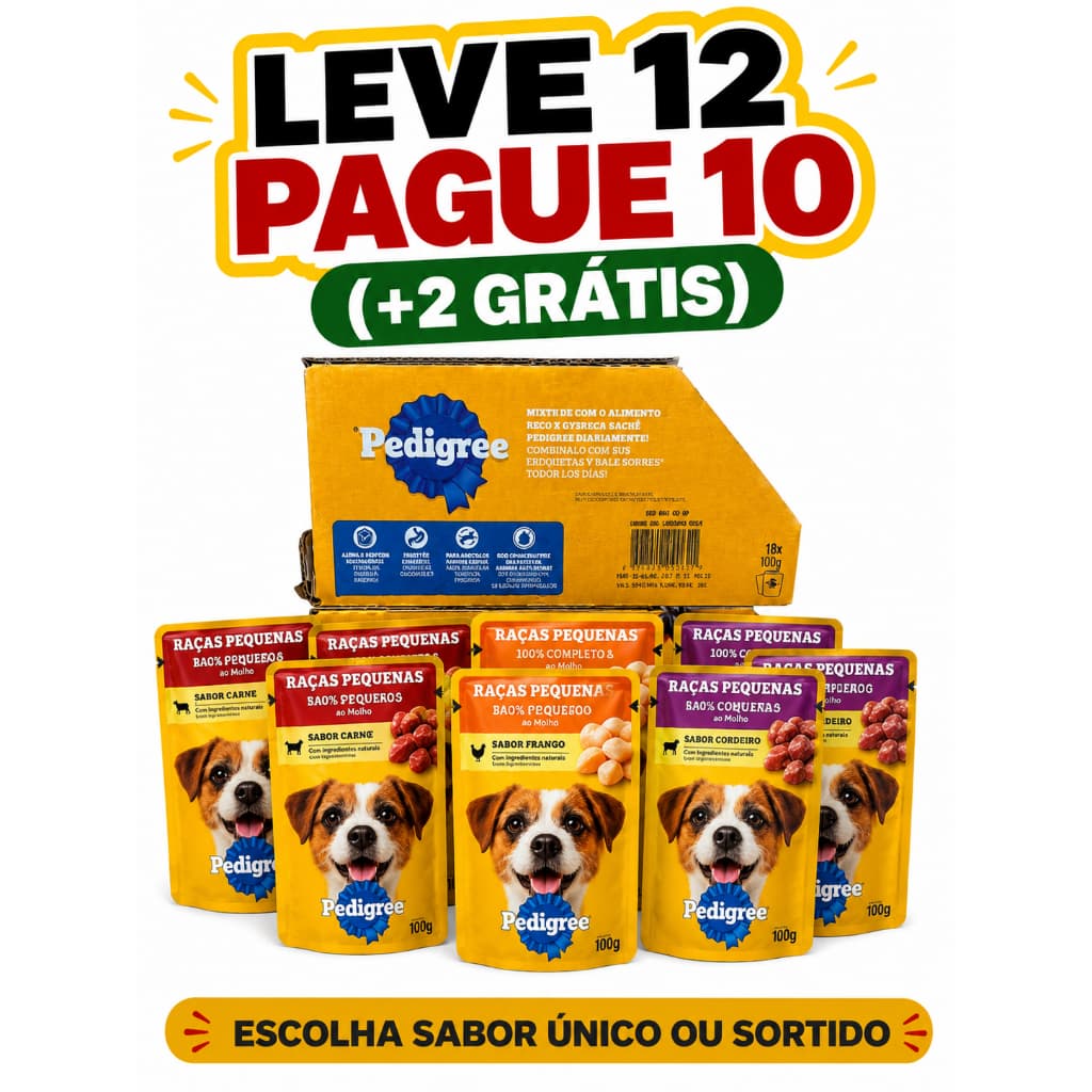 Sachê Pedigree Raça Pequena Kit 12 Unidades de 100g Molho Sabores Mix Sortidos ou Único Ração Úmida para cães