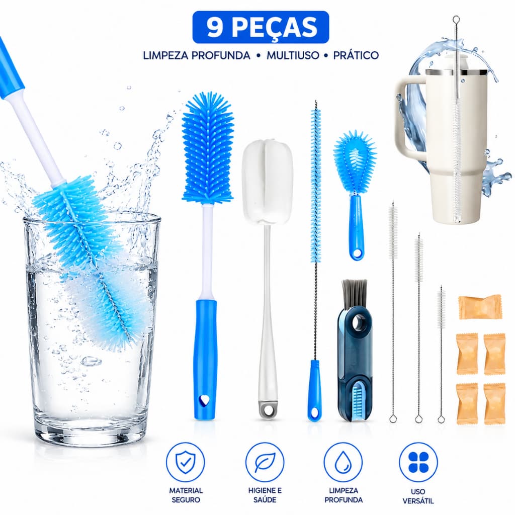 Kit 9 Peças Escova de Limpeza para Copos e Garrafas Escovas Multifuncionais com Cabo Longo