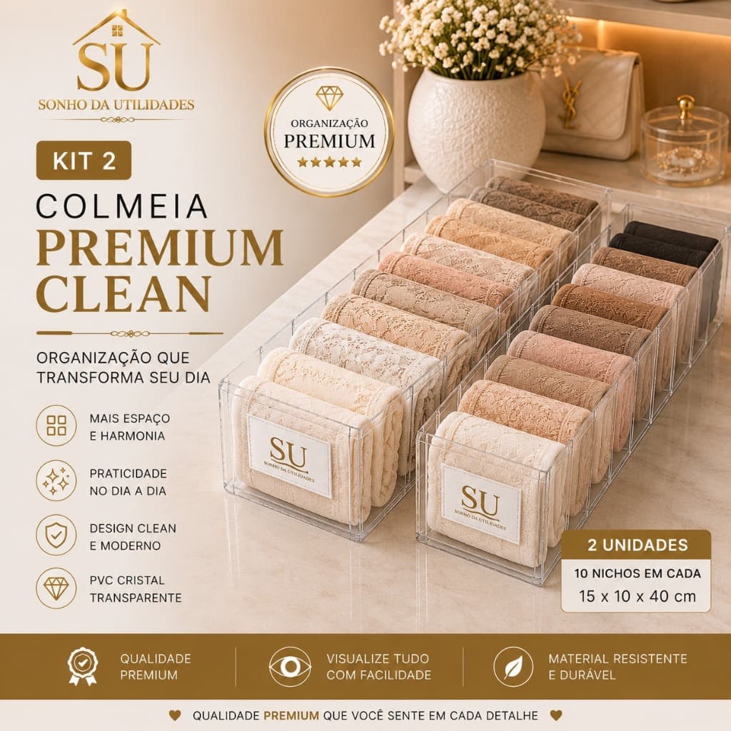 Kit 2 Colmeias Organizadoras Premium Clean P Especial Luxo PVC Cristal Transparente 10 Nichos