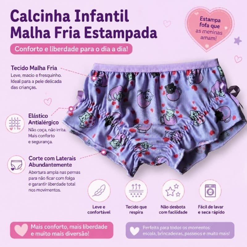 6 Calcinhas para Criança Cobertura Total Estampada