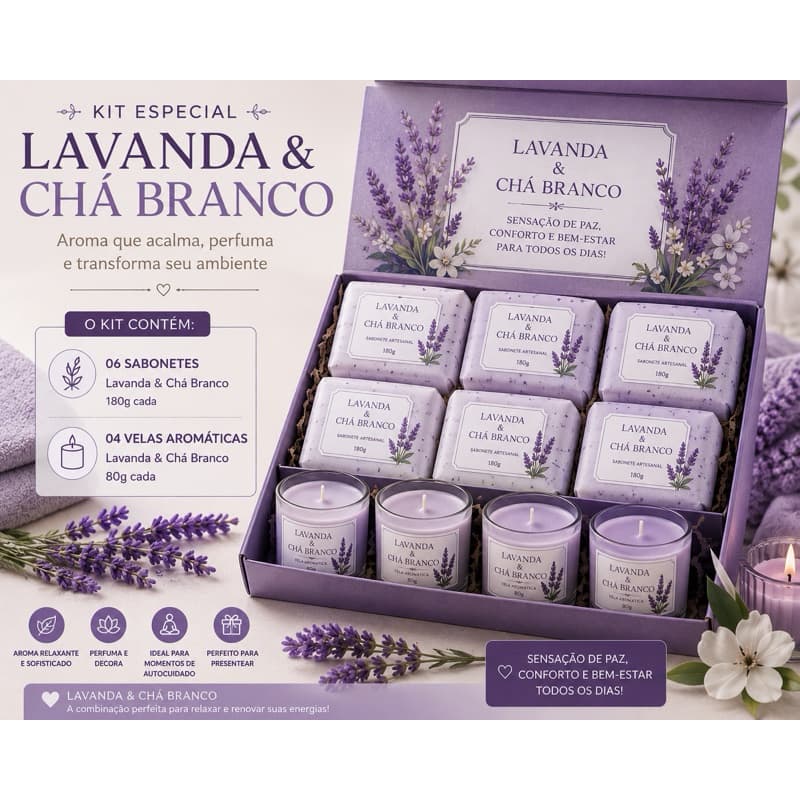 🌿🕯️ KIT AROMÁTICO LAVANDA & CHÁ BRANCO VELAS AROMÁTICAS E SABONETES.