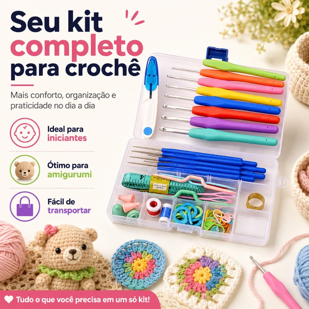 Kit Crochê 53 Peças – Inclui Agulhas, Tesoura e Acessórios. Ideal para Amigurumi, Roupas de Bebê, Moda e Decoração!