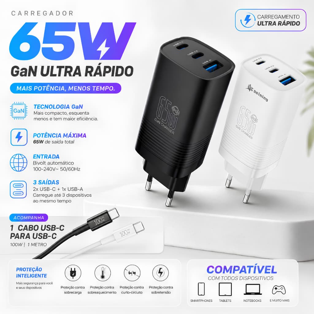 Carregador Turbo GaN de 65W com Três Saídas USB-C e USB Ultrarrápido Fast Charge Original