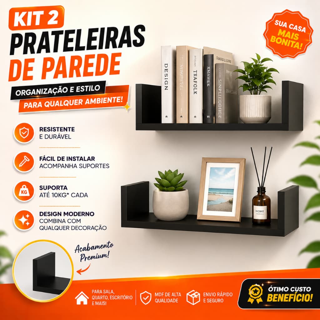 Kit 2 Prateleiras U Mdf 65x20cm Preto Nicho Livros Revista Mdf 15mm 65x20