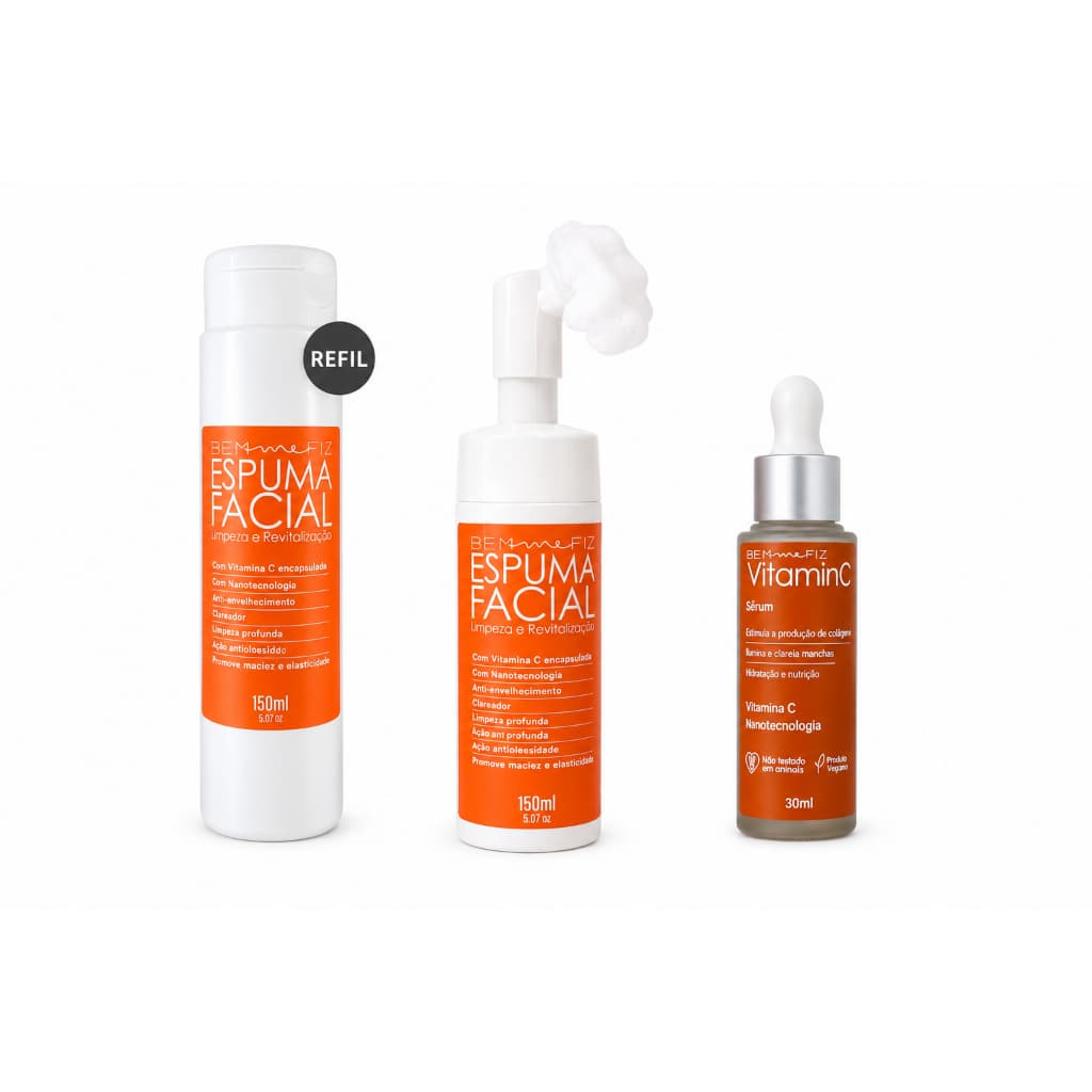 Vitamina C Espuma + Refil + Sérum Clareador Facial Todo tipo de pele | Dia/Noite Skincare