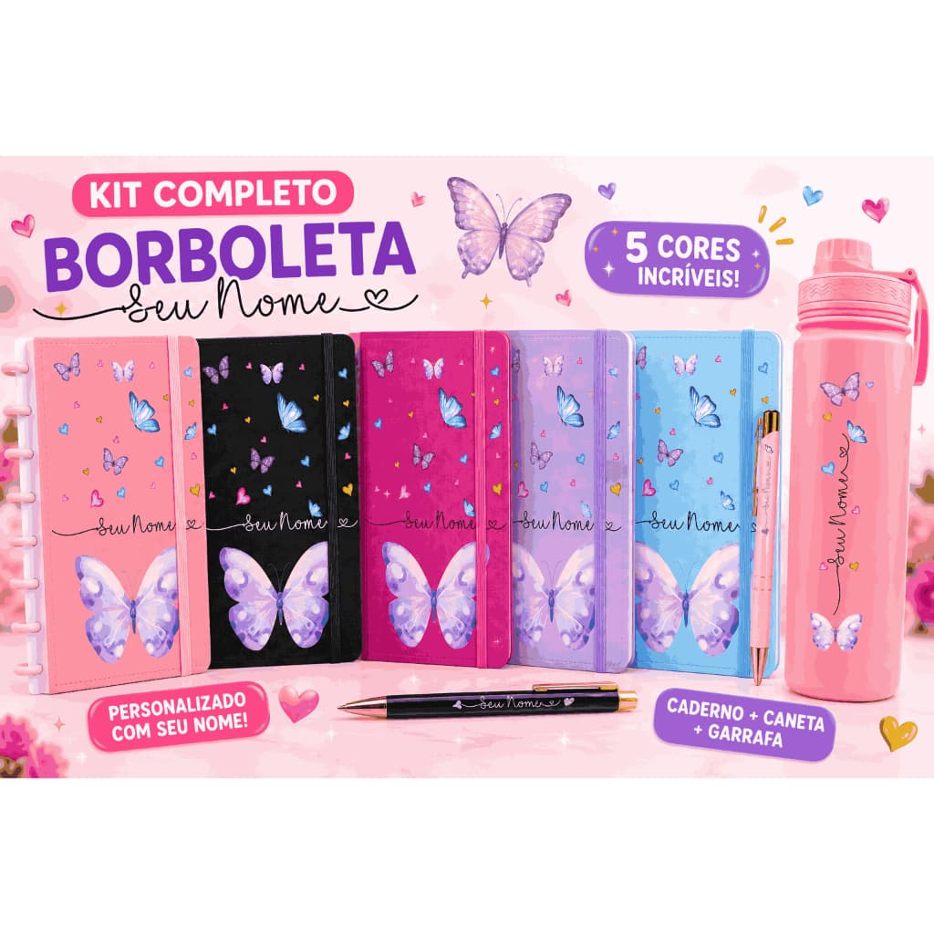 Kit Personalizados Caderno Inteligente de Discos+Garrafa Fresh Térmica+Caneta - Kit Borboletas