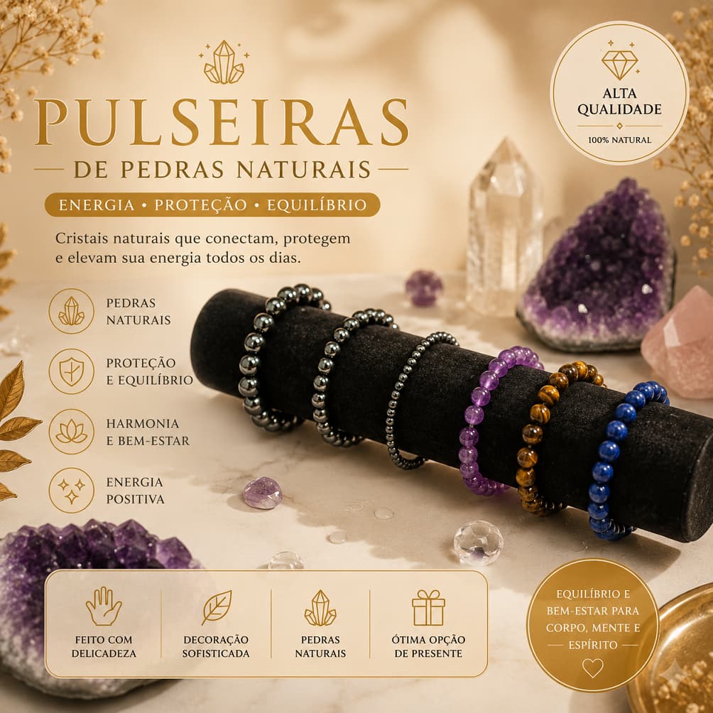 Pulseira Pedra Natural Cristal Energia Proteção Hematita Ametista Olho de Tigre Unissex