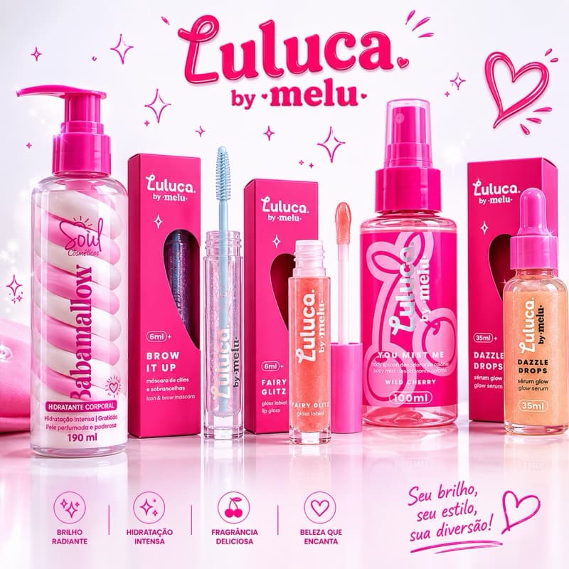 Kit Infantil Presente Luluca by Melu Completo Skincare + Body Splash + Tiara Fofa