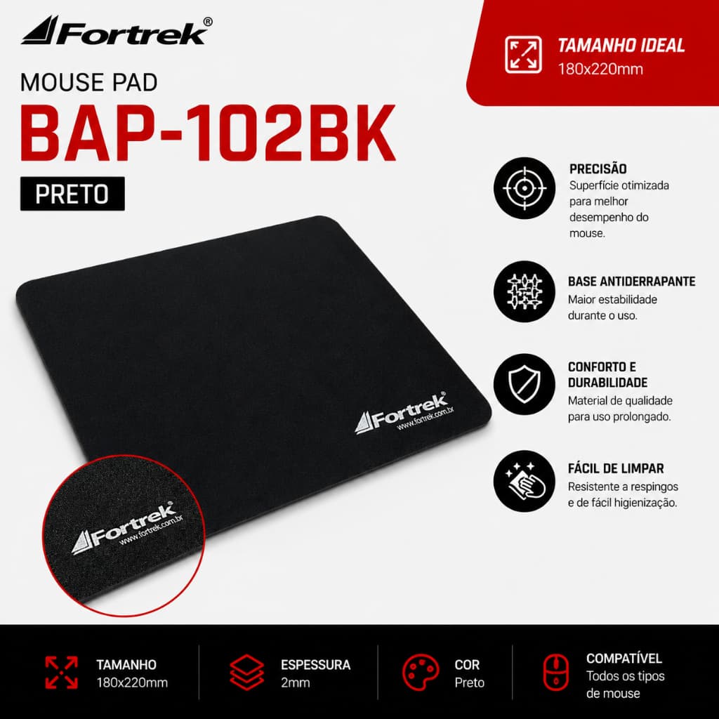 Mouse Pad Basico Simples Escritório 18x22cm (180x220mm) Mousepad BAP102BK Preto FORTREK
