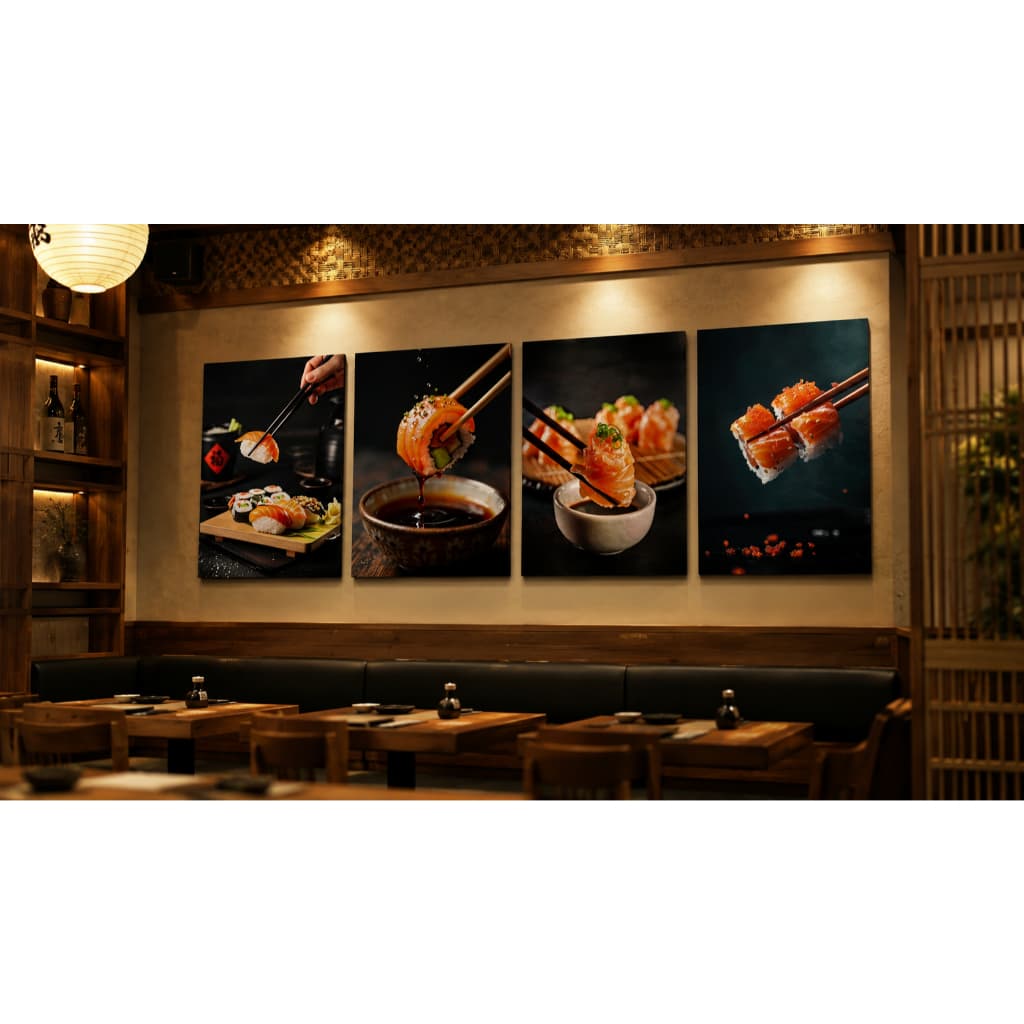 Quadro Decorativo Mosaico Temakeria Sushi Salmão Placa Decorativa Cozinha Japonesa Comida Asiática Kit 4 Peças Moderno