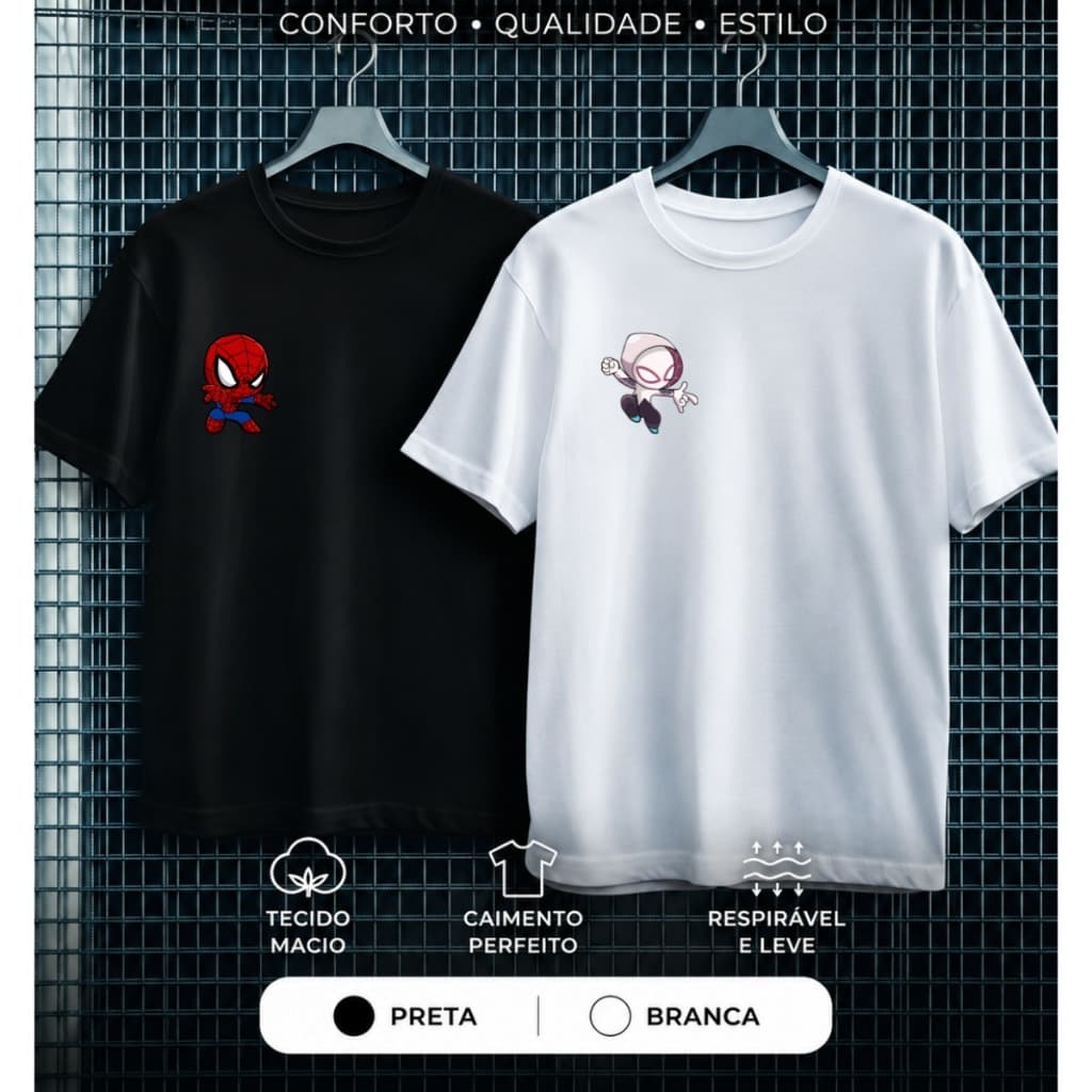 Camiseta Casal Marvel Estampa Fofa Geek Spider Man e Grewn Premium