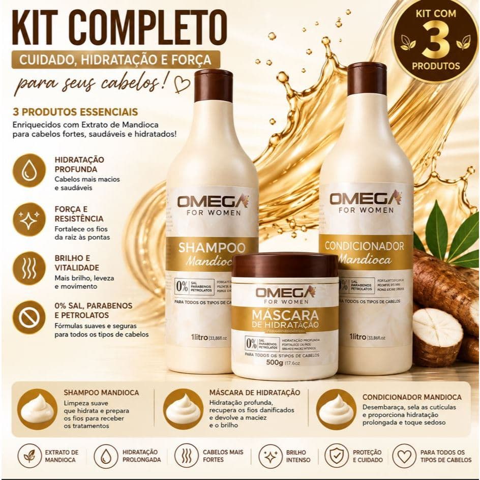 Kit Mandioca Shampoo Condicionador 1L + Máscara 500g Omega Hair