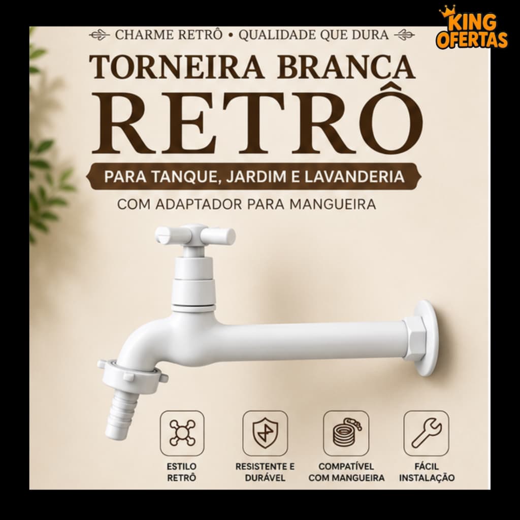 Torneira Branca "Retrô" (20cm) Pia/Tanque/Jardim Bico Mangueira - ABS