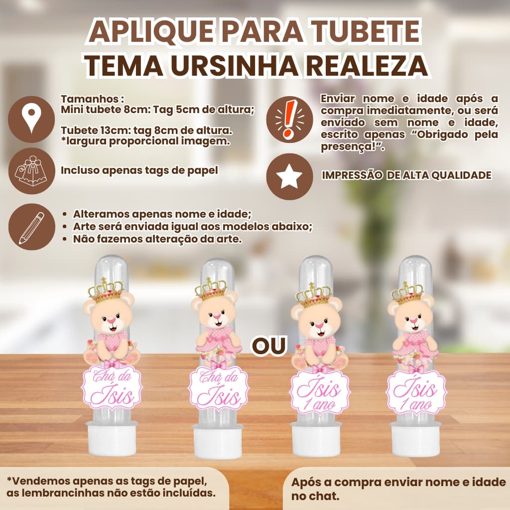 Apliques para Mini Tubete 8cm ou Tubete 13cm 3d Tema ursinha realeza princesa|Tag Personalizado Nome e Idade aniversário