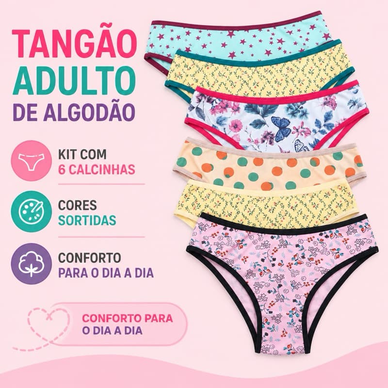 Calcinha de Algodão Tanga Básica larga Cotton Adulto Kit 6 REF 022 Gisely