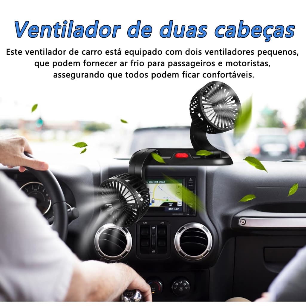 Ventilador para Carro com Duas Cabeças - 2 Velocidades, Regulagem 360° para Sedan/SUV
