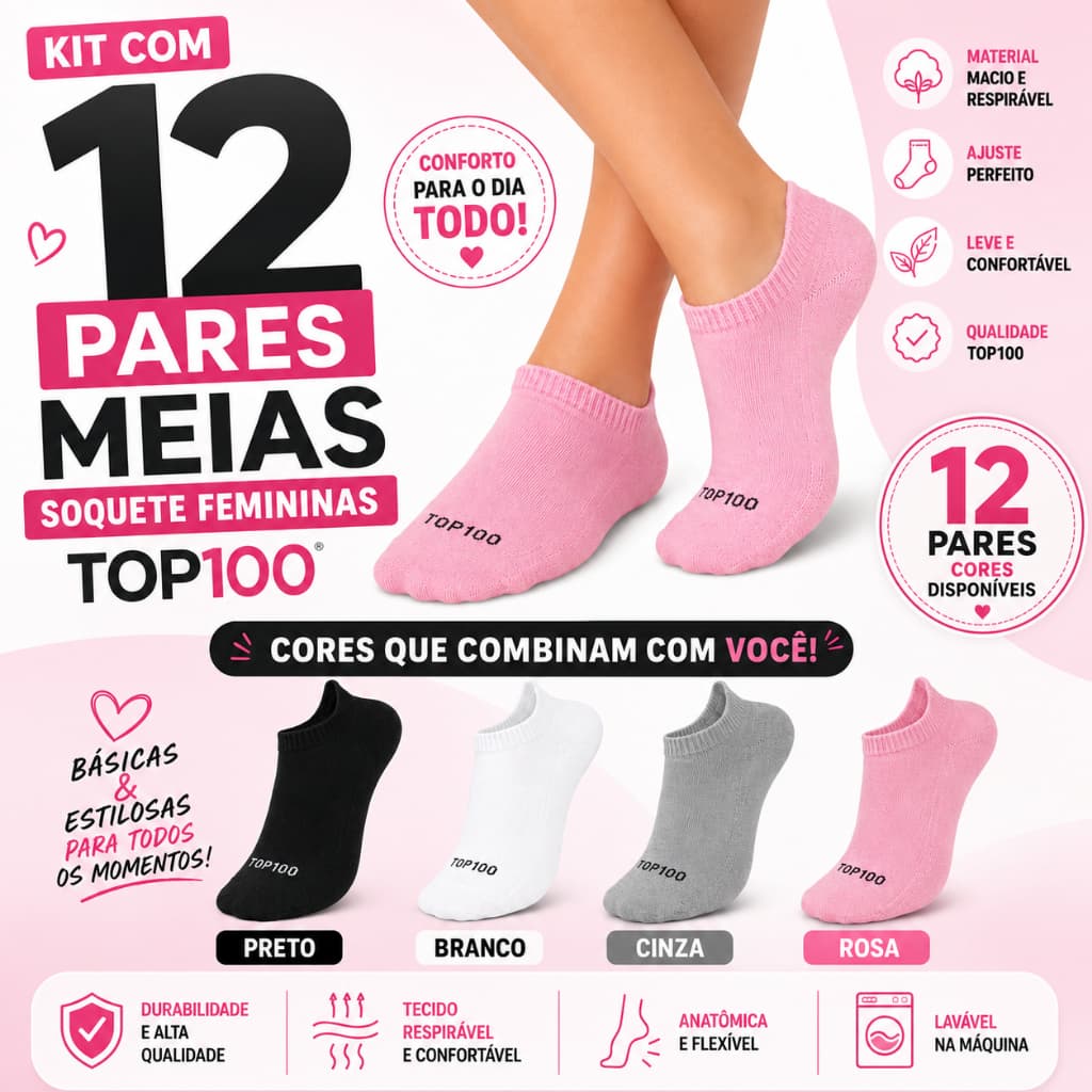 Kit 12 Meias Soquete Feminina Top100