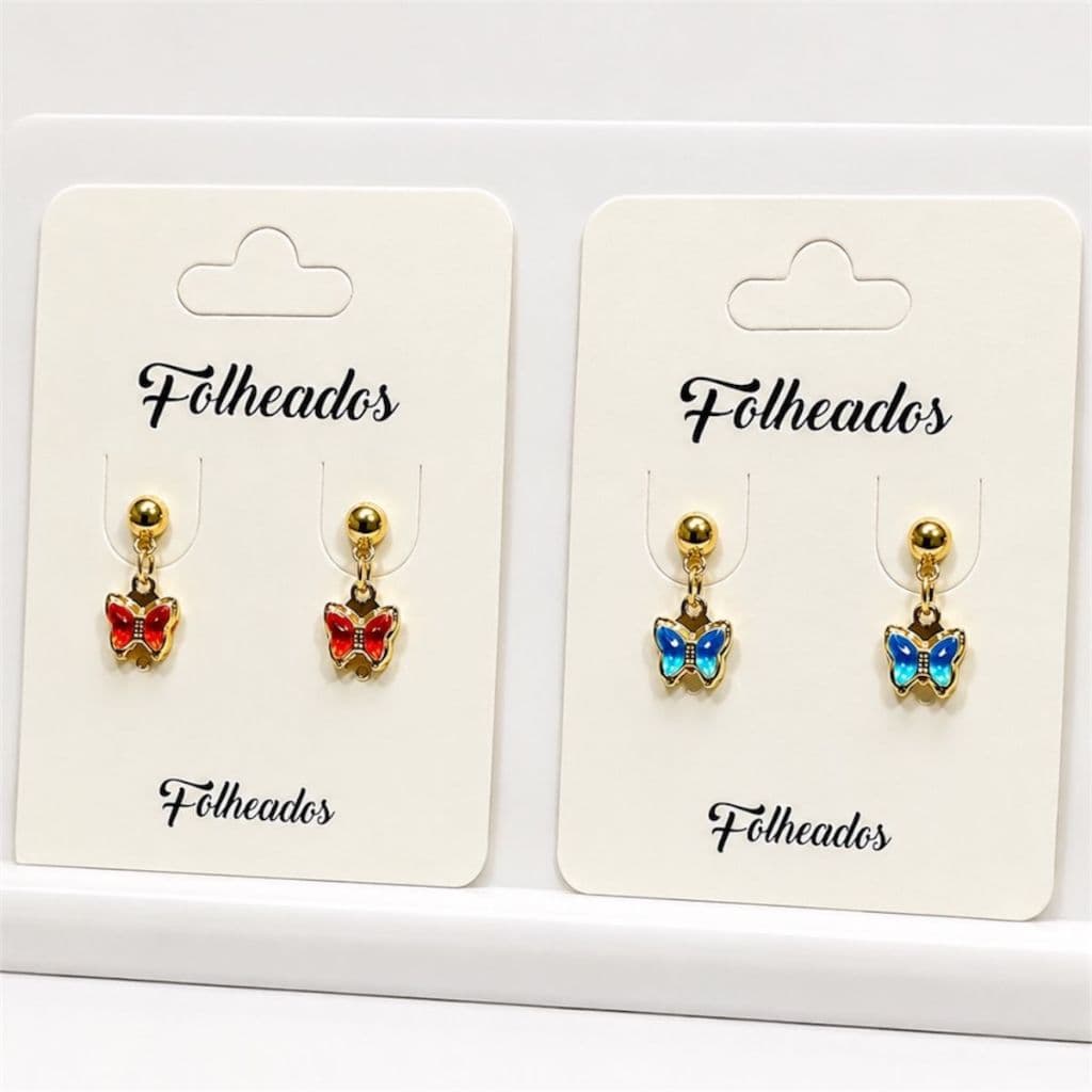 Kit 2 Pares de Brincos Infantil Borboletas Vermelhas e Azul Folheados a Ouro 18k kit Brincos meninas