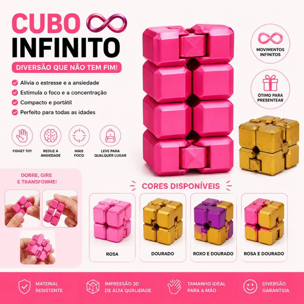 Cubo Infinito Premium Metalizado 3D | Fidget Toy Anti Estresse e Ansiedade TEA - TDAH Perfeito para ocupar as mãos