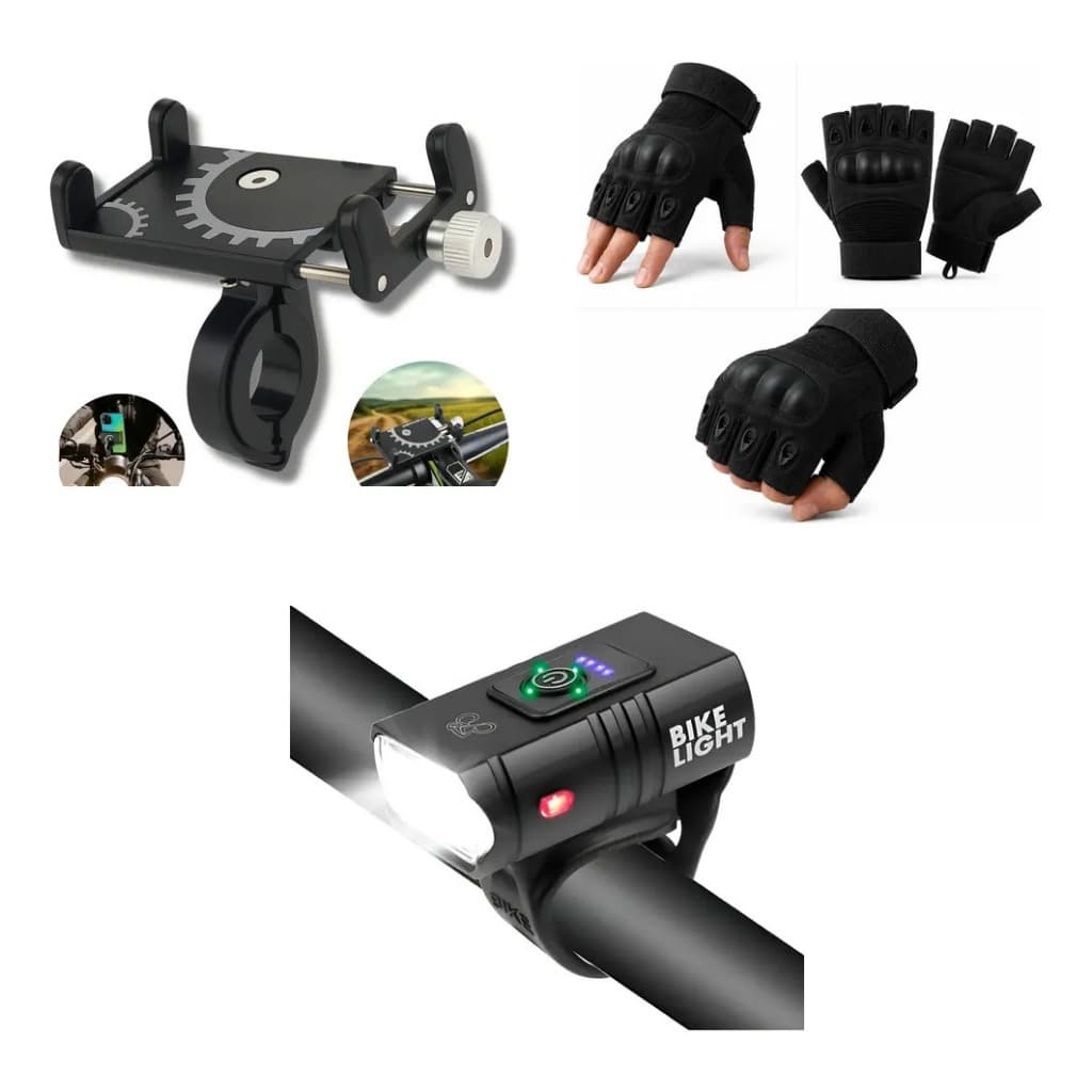 KIT LUVA TATICA MEIO DEDO + SUPORTE CELULAR ALUMINIUM +LANTERNA FAROL BIKE (ENVIO IMEDIATO)