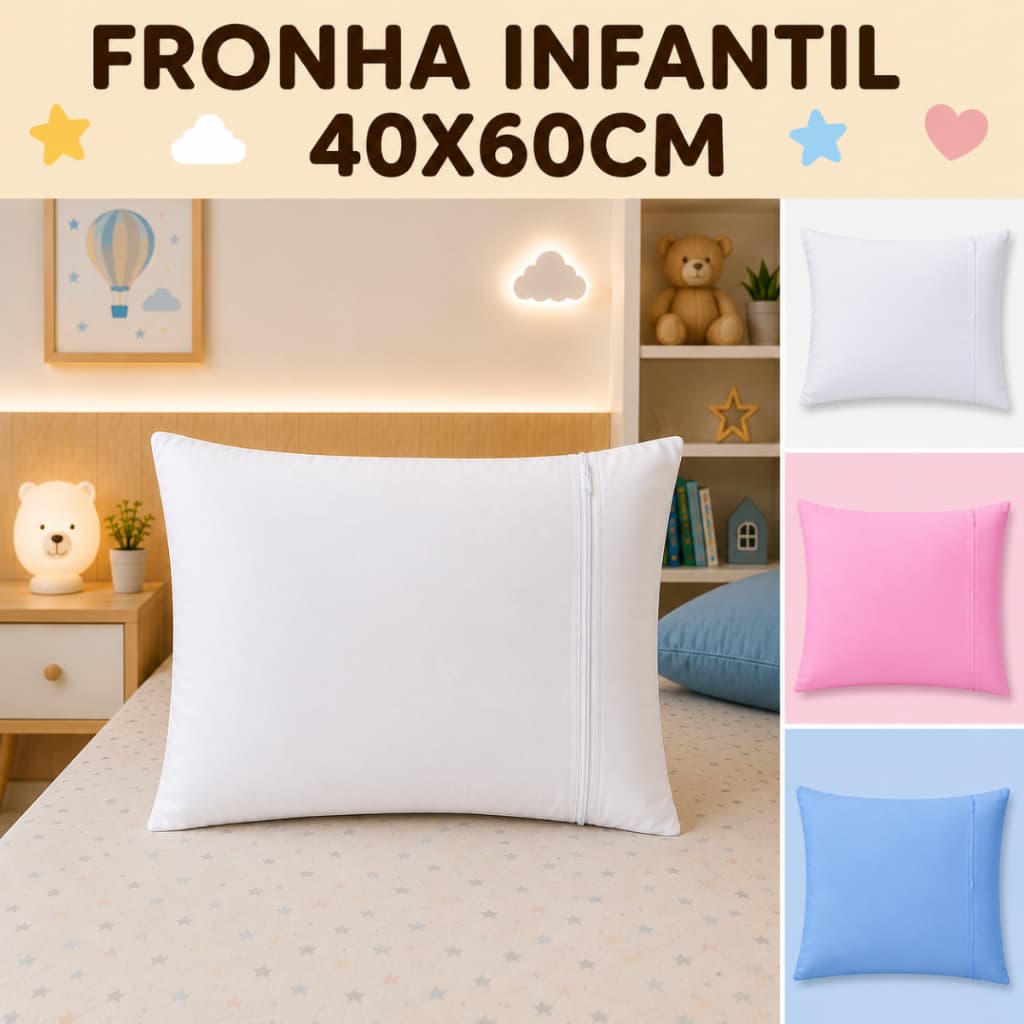 kit Fronha Infantil 40x60cm Com Ziper Antialérgica Percal 200 Fios Menina Menino Unissex Várias Cores