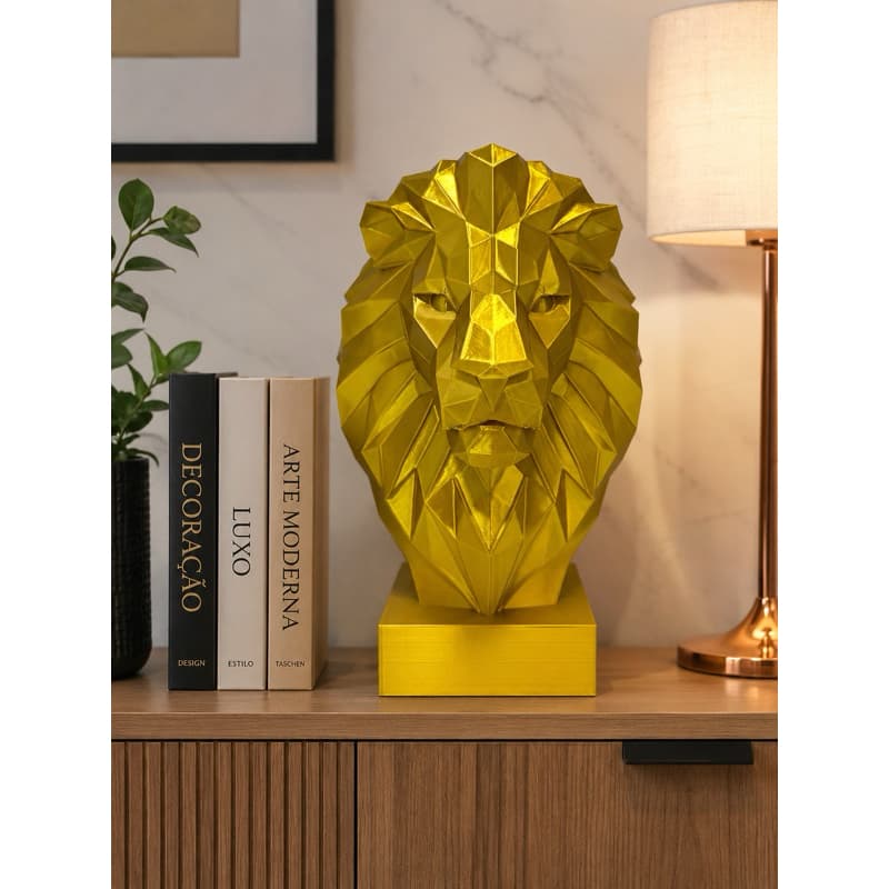 Estátua Leão Dourado Decorativo Geométrico Decoração  Moderna