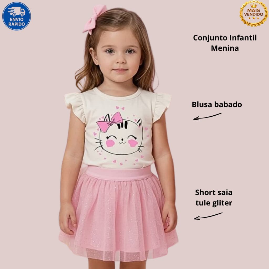 Conjunto Infantil Menina Delicado Blusa Off White Estampa Gatinha Cute com Laço + Short Saia Tule Glitter fashion festa
