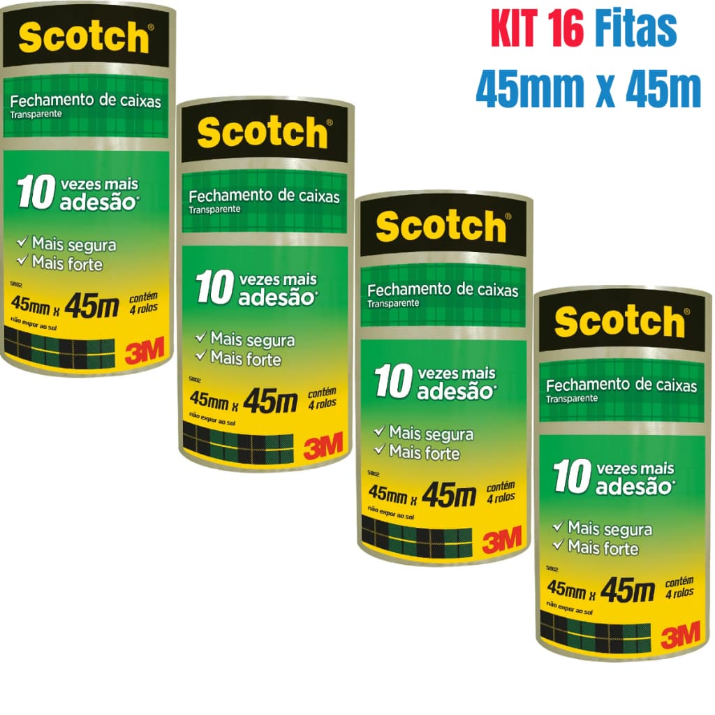 Kit 16 - Rolos Fita Adesiva 3M Scotch De Empacotamento Transparente 45mm x 45m – 10x Mais Adesão