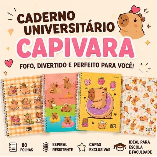 Capivara-Caderno Universitário Capa Dura Espiral 1 matéria 80 Folhas Alegre Aesthetic FofoTrend 2026