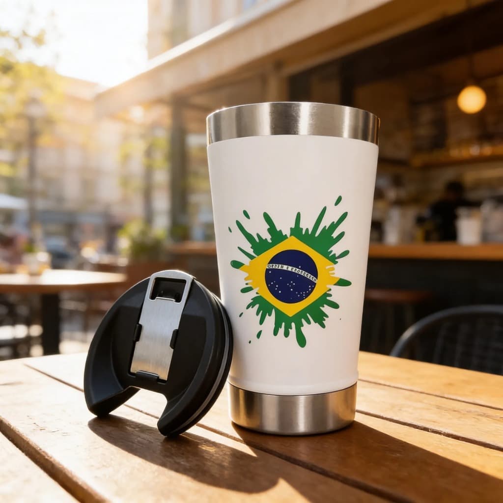 Copo Térmico Inox 473ml Personalizado Dtf Copa Brasil Premium com tampa e abridor cerveja gelada 4horas
