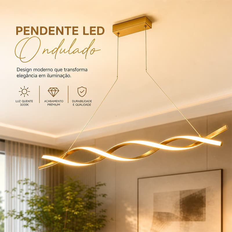 Pendente LED Ondulado Dourado 64W 3000K-6000K, 3 Tons de Luz, Moderno e Elegante
