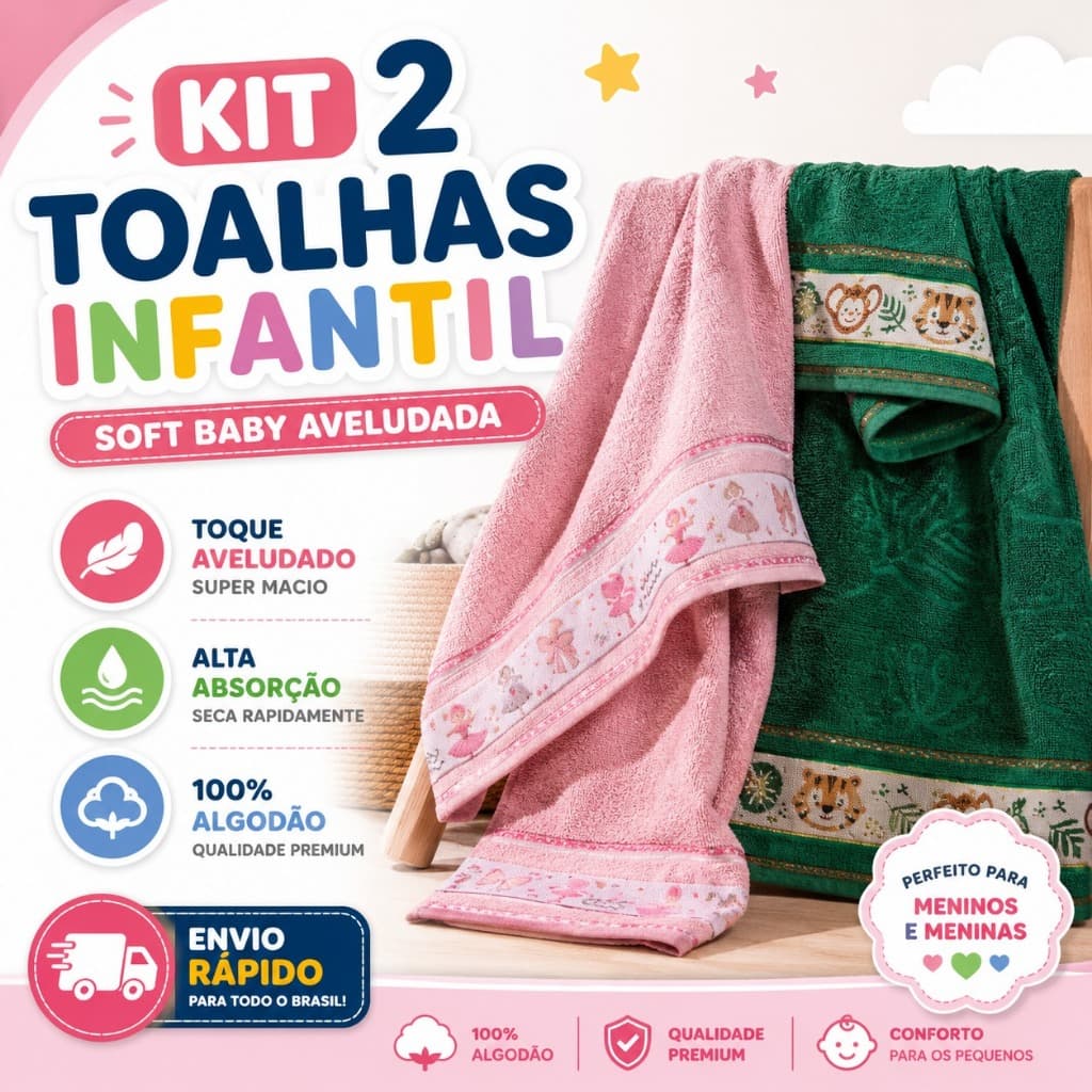 Kit 2 Toalhas de Banho Infantil Soft Baby Kids Aveludada 100% Algodão Macia e Absorvente