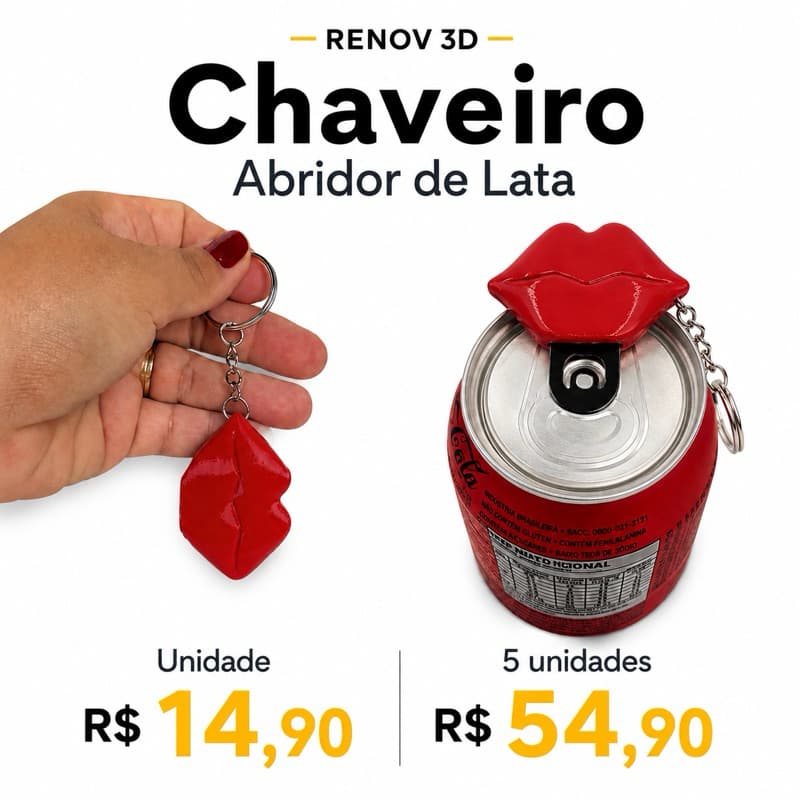 Chaveiro Abridor de Lata Compacto e Estiloso Modelo de Beijo | Preserva sua Unha | Item Delicado Feminino