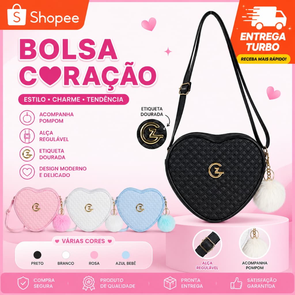 Bolsa Coração Feminina Transversal De Lado E Ombro Estampa Moderna Pequena Mini Bag C/ POMPOM
