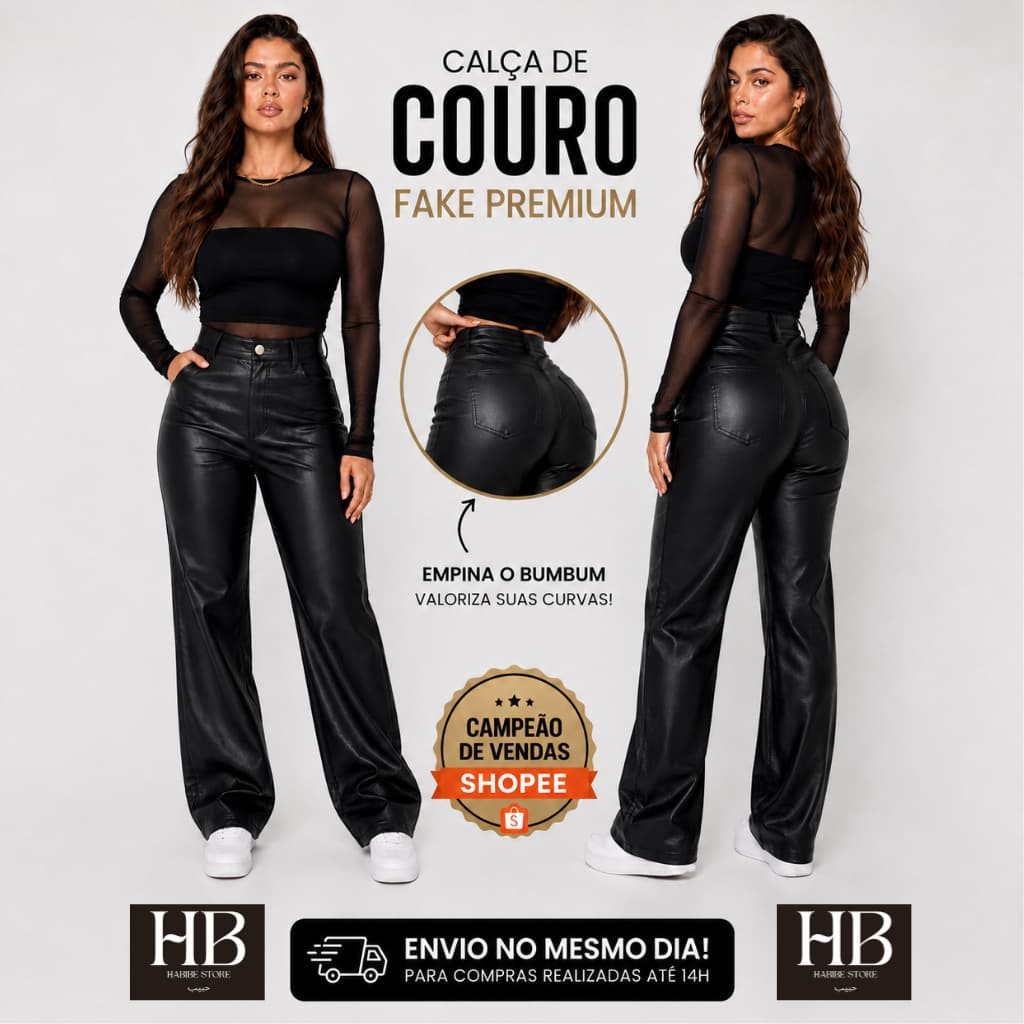 Calça Feminina Couro PU  Sintético Wide Leg Pantalona com Bolso Zíper Botão Cintura Alta Moda Gringa Blogueira Inverno!!