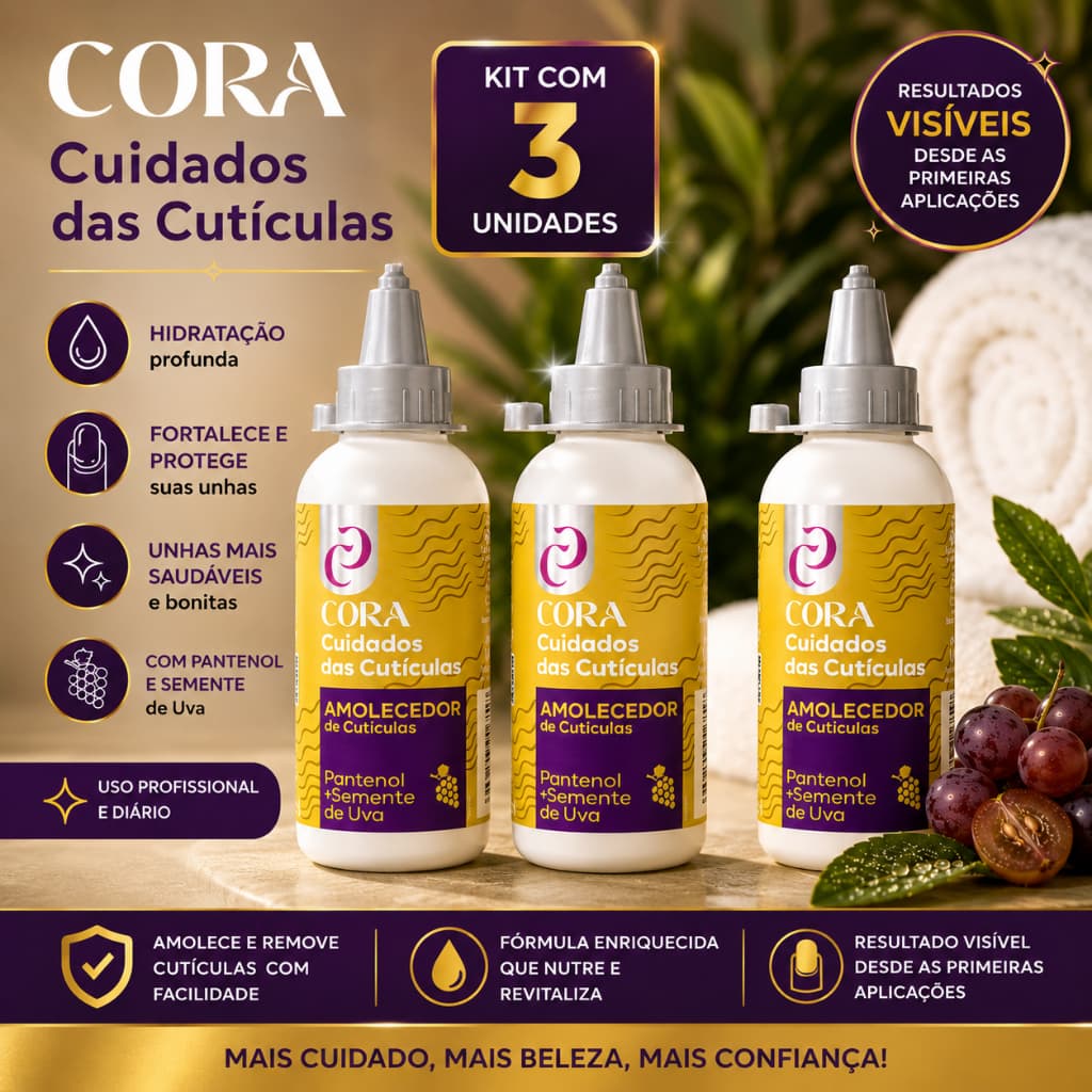 Kit 3 Amolecedor Cutículas Amolece e Hidrata Unhas Manicure Amolex Pantenol + Semente De Uva - Cora
