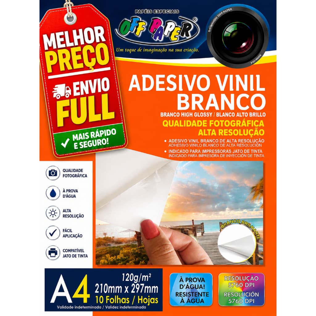 Papel Adesivo Vinil Branco A4 Alto Brilho 120g - À Prova D'Água Off Paper 10 Folhas ENVIO FULL