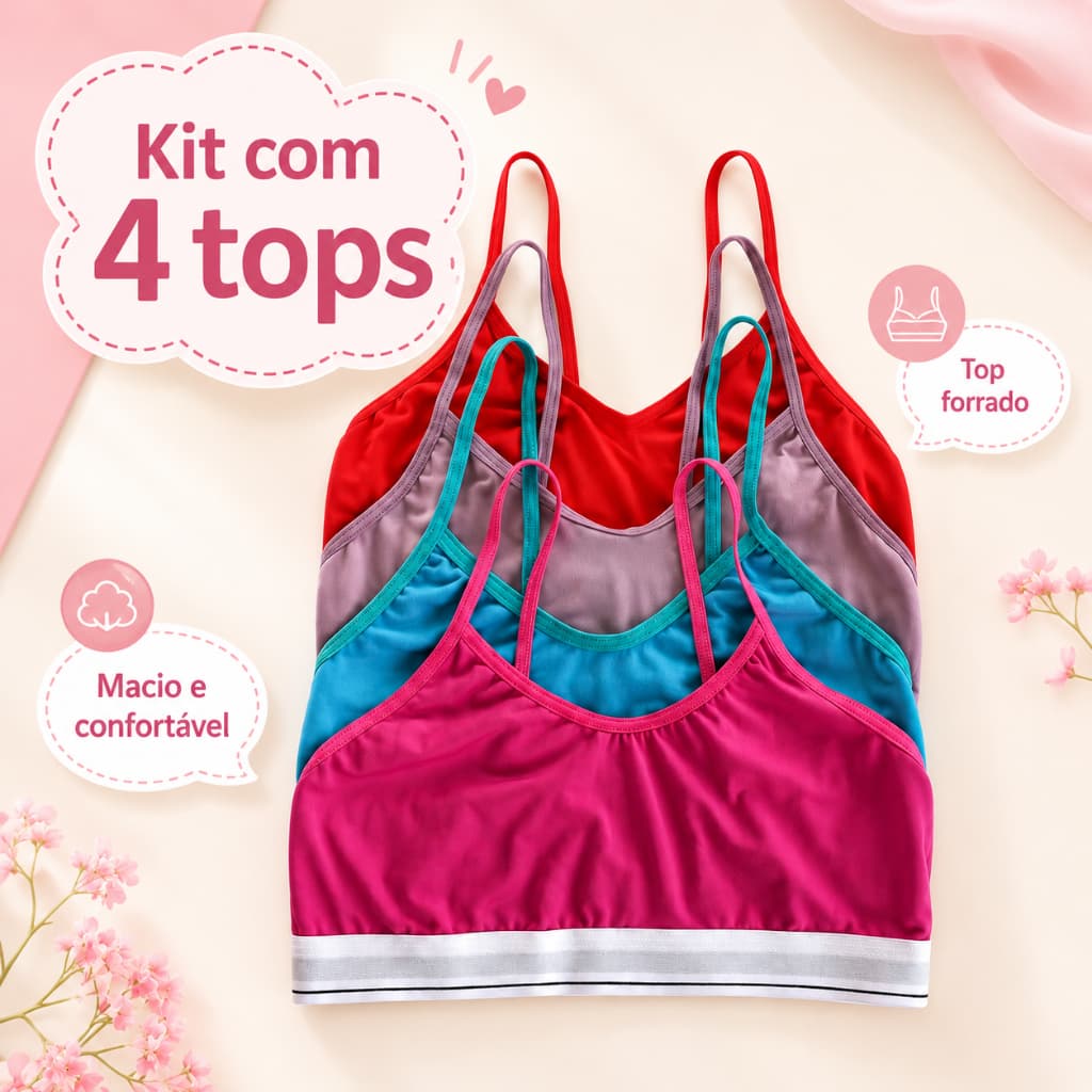 Kit 4 Tops Básicos Femininos Forrados na Frente e com Alça para Casa e Treino