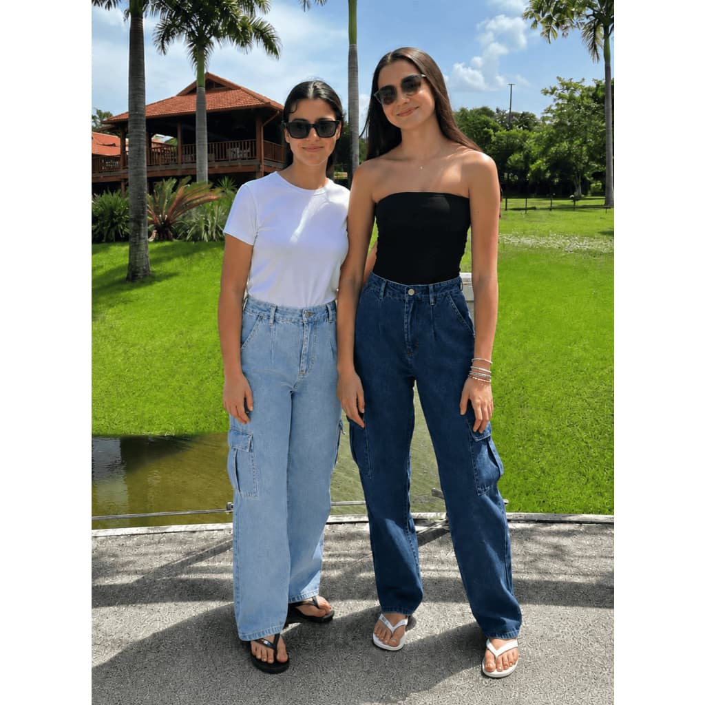 Calça Jeans Cargo Juvenil Feminina Wide Leg 2 Cores Moda Teen Tam 10 ao 16 Anos