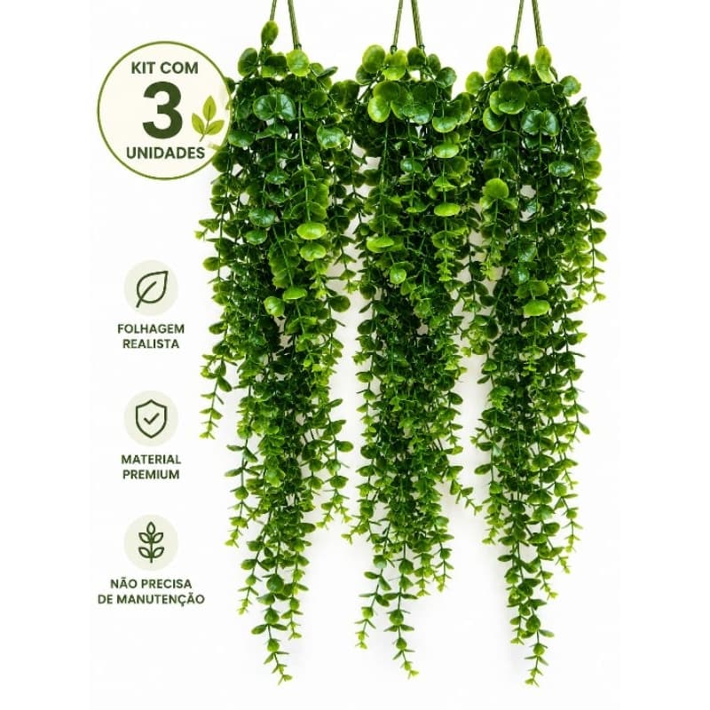 Kit 3 Pendente Eucalipto Jardim Vertical Folhagem Realista planta pendurar parede