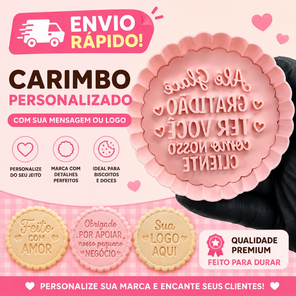 Carimbo Personalizado para Biscoitos, Doces, Pasta Americana, Cookies, Biscuit | Cortador | Confeitaria | Festa | Logo