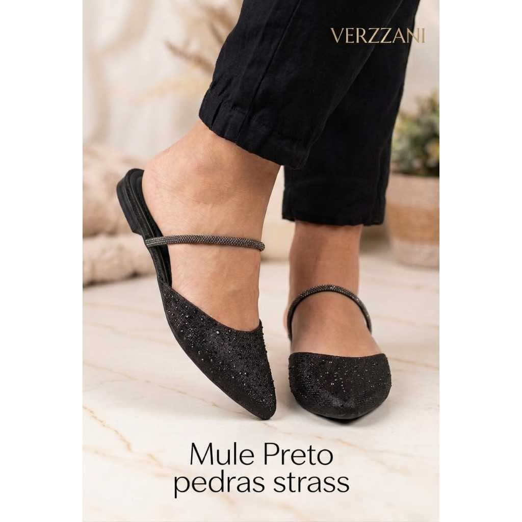 Mule Feminino Sapatilha Sapato Mulher Bico Fino casual confortável moda STRASS CROCO PRETO ZARELLA