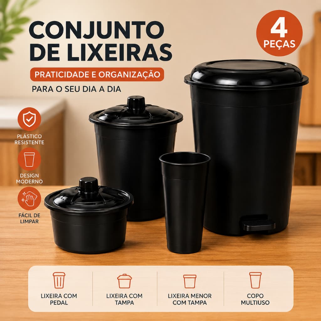 Kit Jogo cozinha 4 peças Plastico , lixeira pia + porta sabão + porta detergente + lixeira Pedal 12 litros Preto