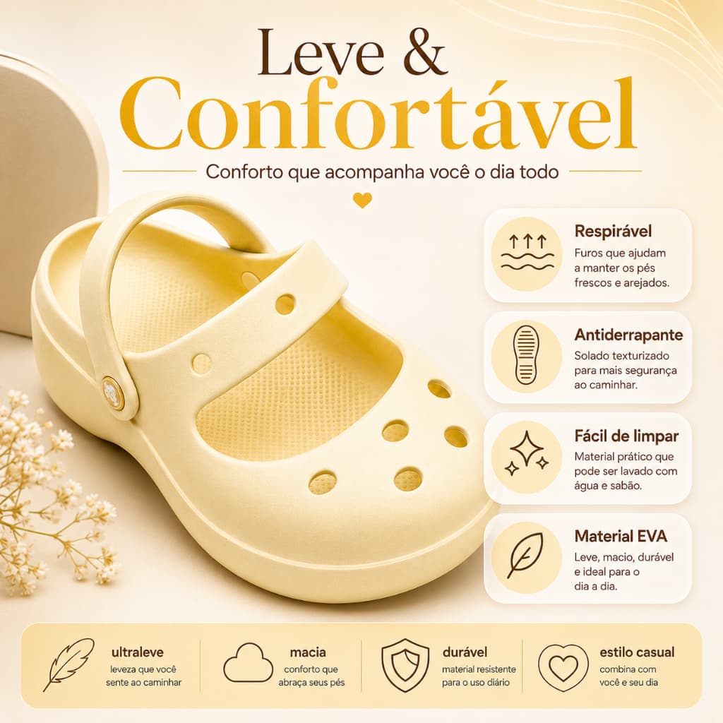 Clog Feminino Leveza Premium em EVA com Solado Antiderrapante